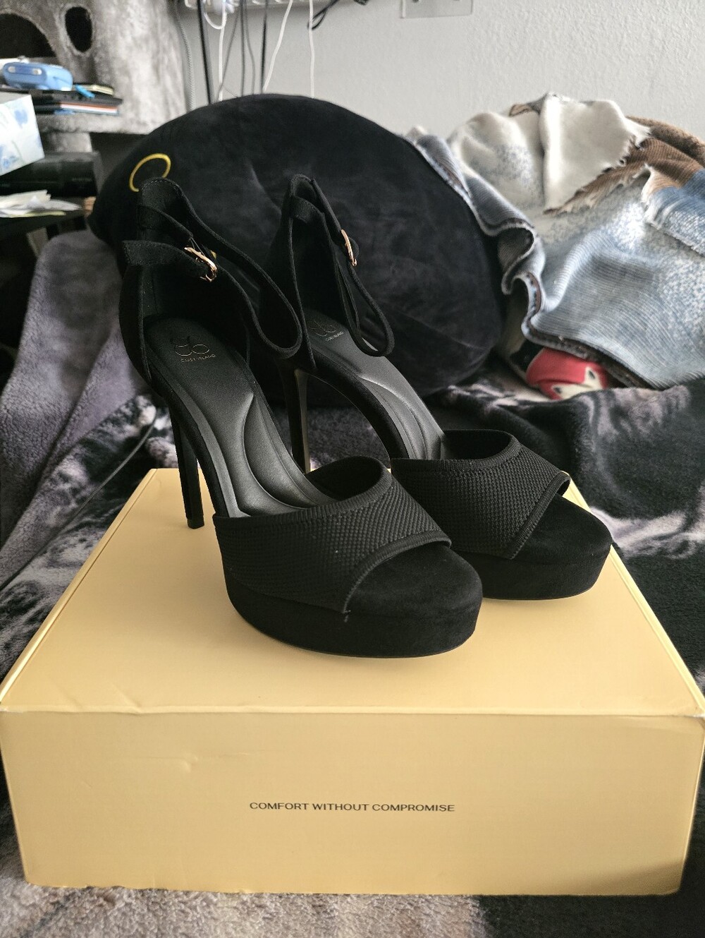 Black Platform Ankle-Strap High Heels - Women's 8.5